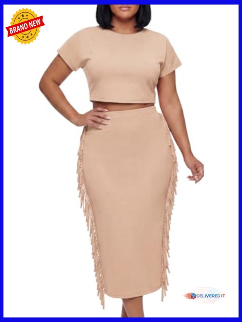 2 Piece Outfit Fringe Crop Top Bodycon Midi Skirt Set Sexy Clubwear - Picture 2 of 6